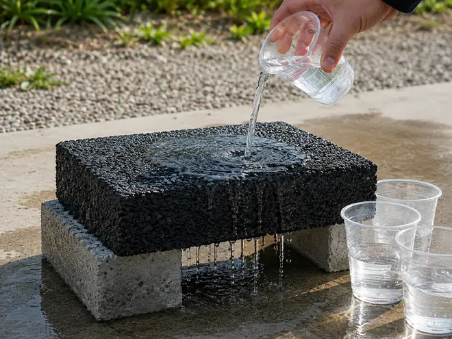 注いだ水が下へ抜けていく透水性舗装のサンプル