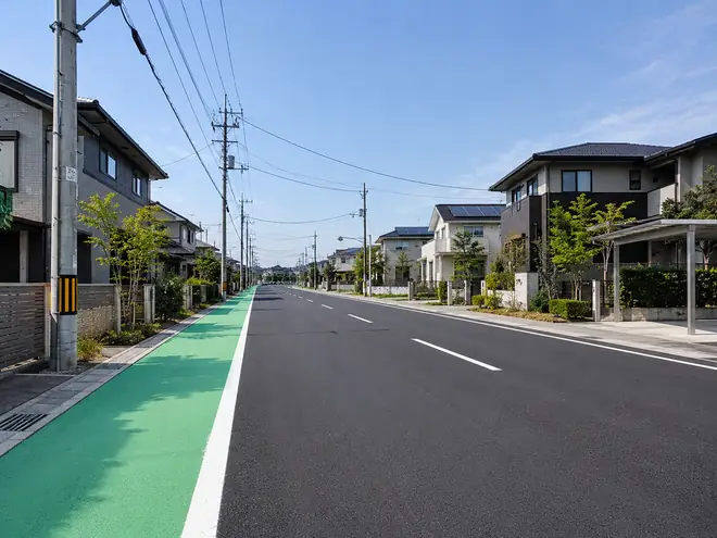 路側帯を緑色に塗り分けた住宅街の道路